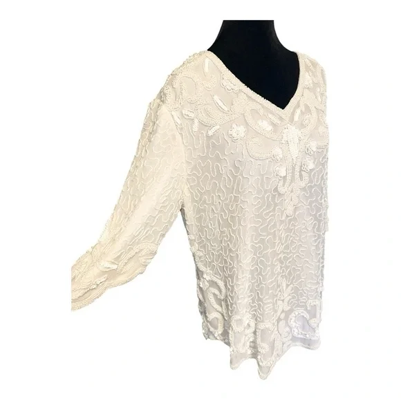 Vintage Rare Tan Chho Solid White Beaded Sequins Evening Top Approx Size XL - Picture 2 of 9